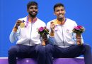 Photo of Satwik/Chirag with gold medal in Badminton; Credit: Twitter@India_AllSports