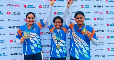 Jyothi Vennam, Aditi Swami & Parneet Kaur win gold at the Women's compound at Asian Archery Championships (image credits- twitter@India_AllSports)