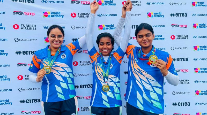 Jyothi Vennam, Aditi Swami & Parneet Kaur win gold at the Women's compound at Asian Archery Championships (image credits- twitter@India_AllSports)